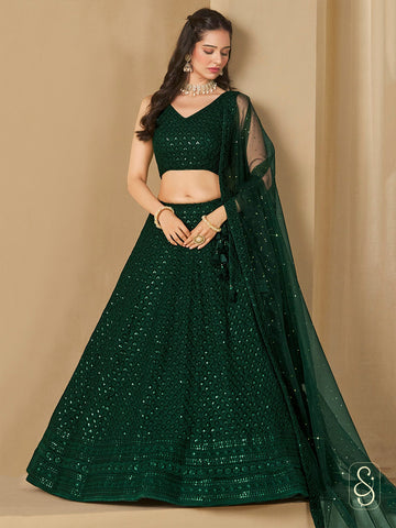 Emerald Georgette Embroidered Lehenga