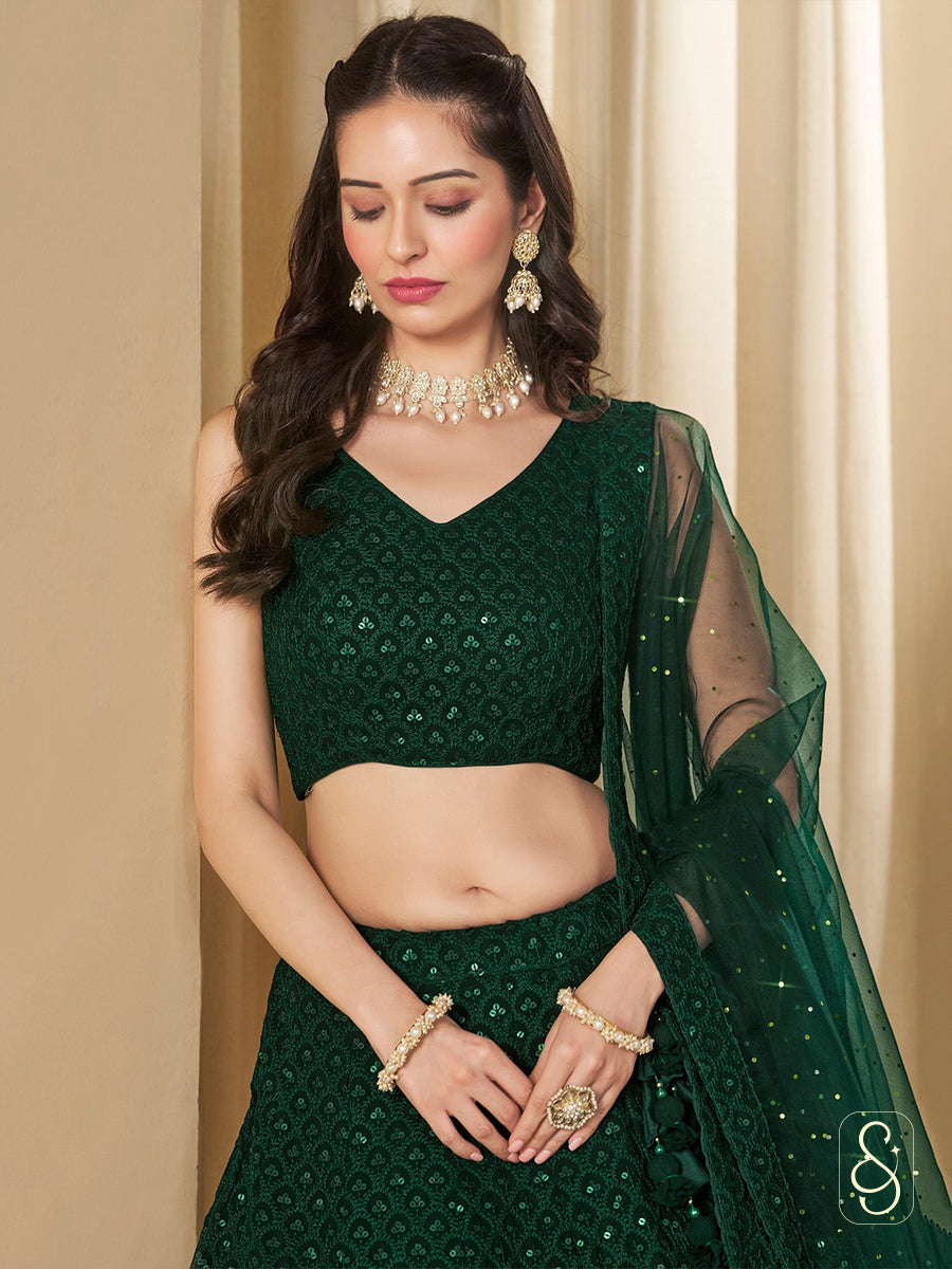 Emerald Georgette Embroidered Lehenga
