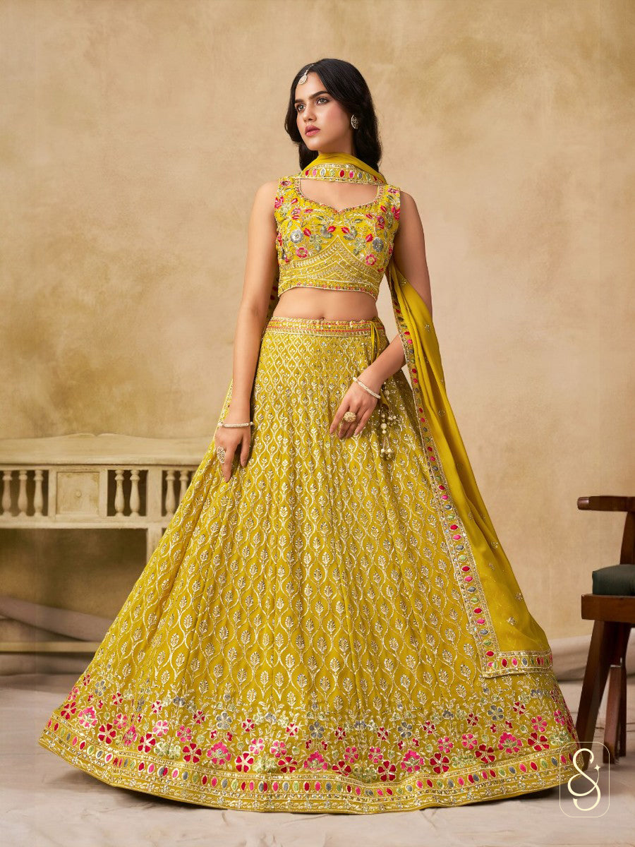 Sunlit Georgette Embroidered Yellow Lehenga