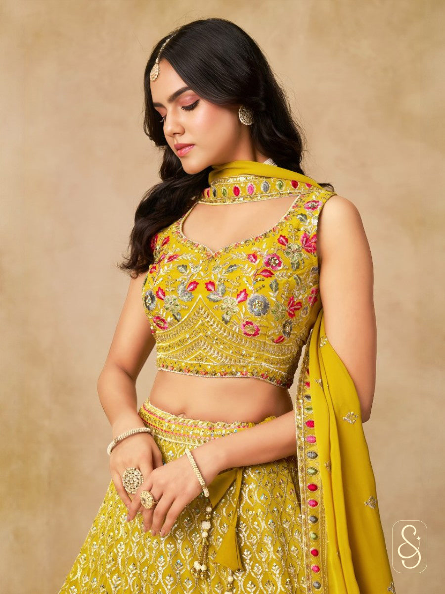 Sunlit Georgette Embroidered Yellow Lehenga