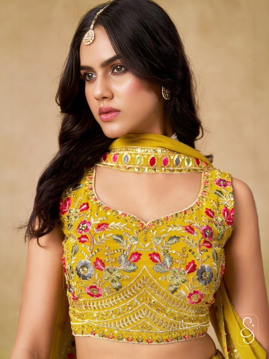 Sunlit Georgette Embroidered Yellow Lehenga