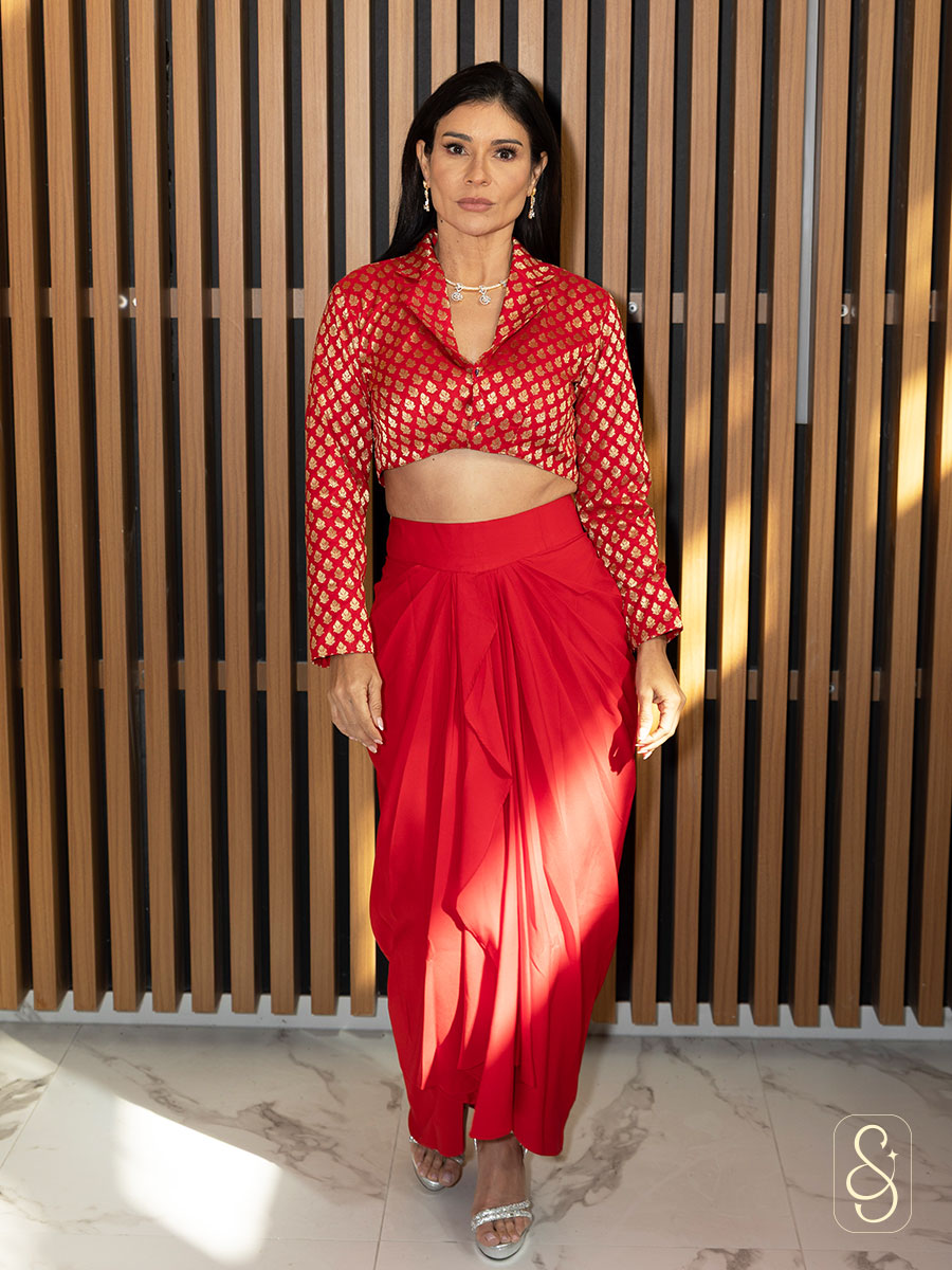 Red Drape Skirt with Banarasi Top