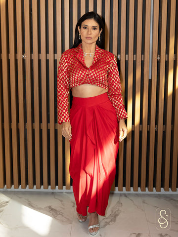 Red Drape Skirt with Banarasi Top