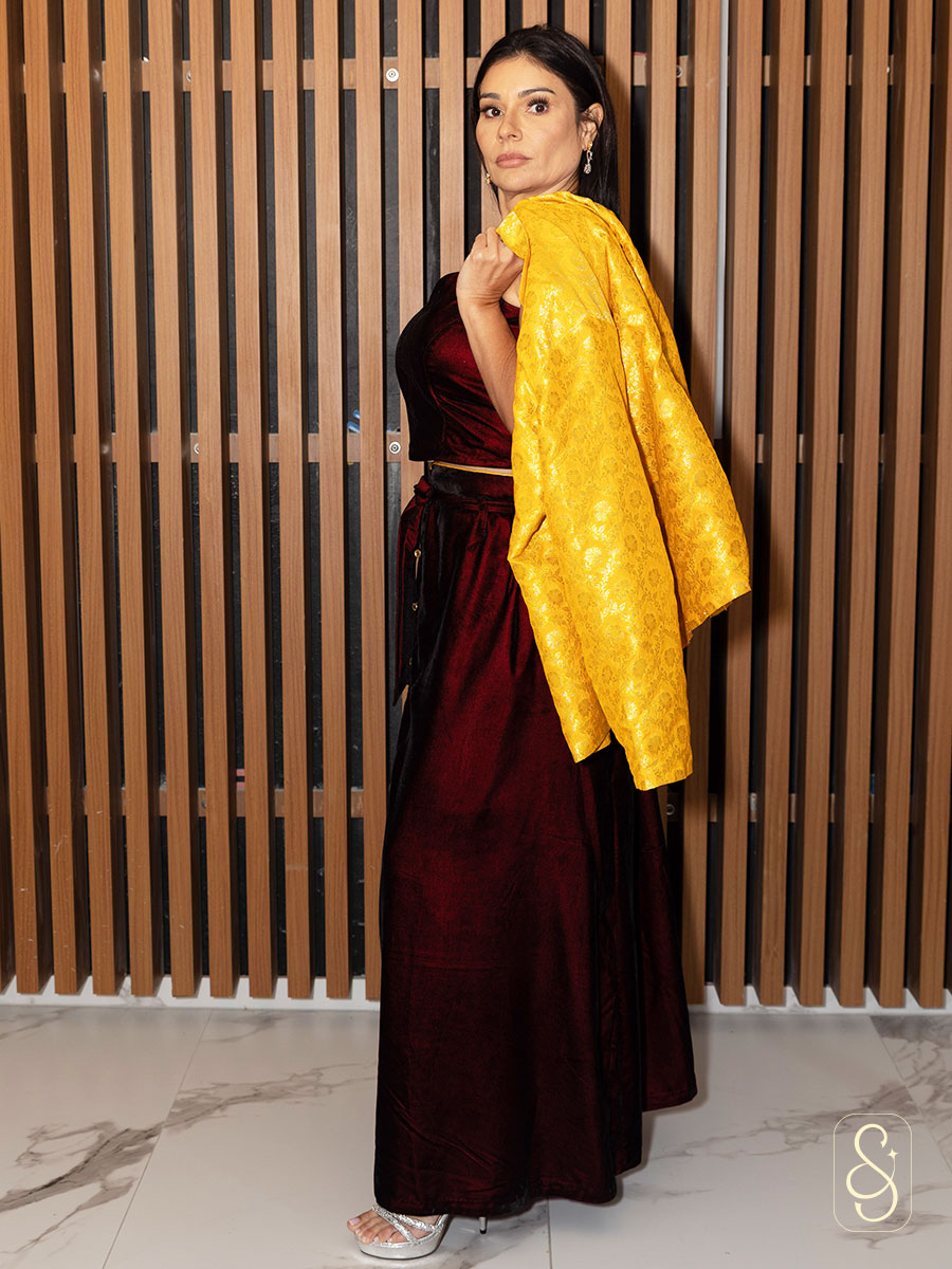 Maroon Velvet Skirt and Brocade Jacket Set