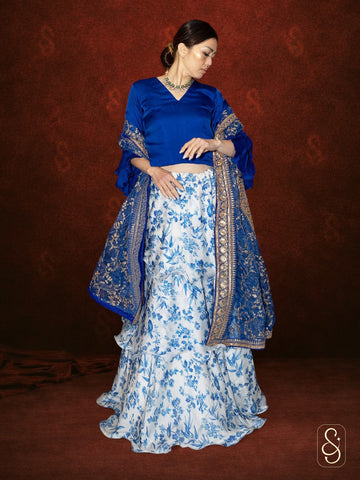 Light Blue Printed Frilled Satin Silk Lehenga