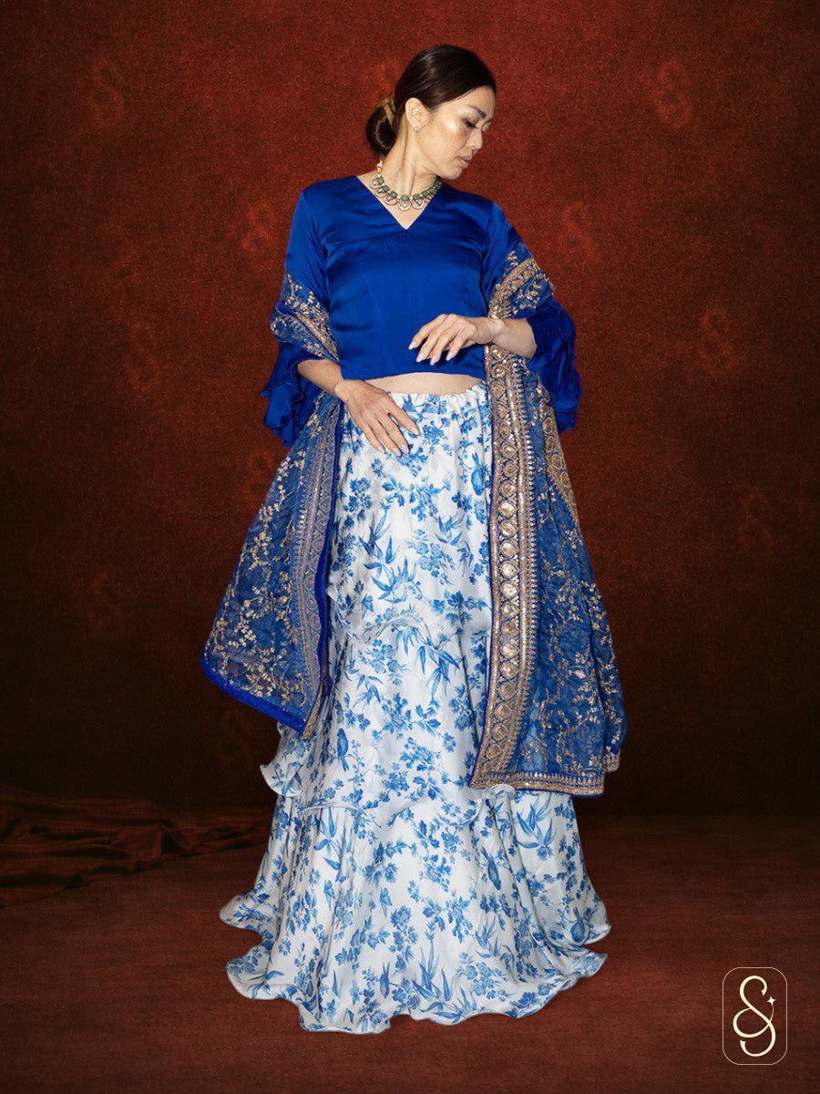 Light Blue Printed Frilled Satin Silk Lehenga