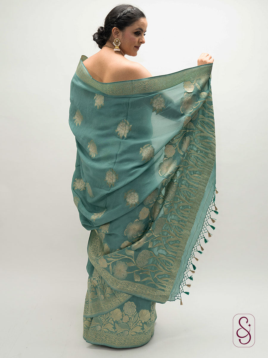 Green Banarasi Chinon saree
