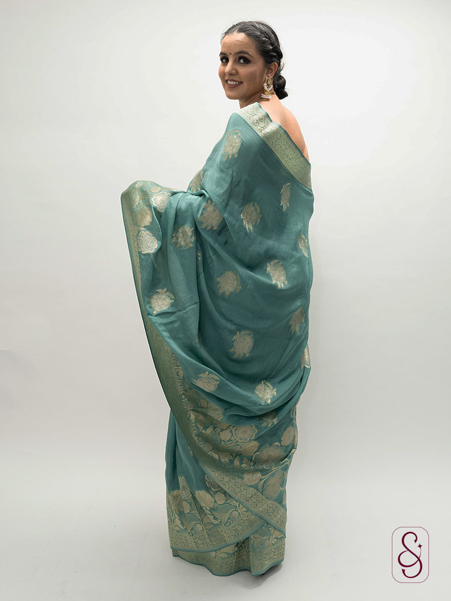 Green Banarasi Chinon saree