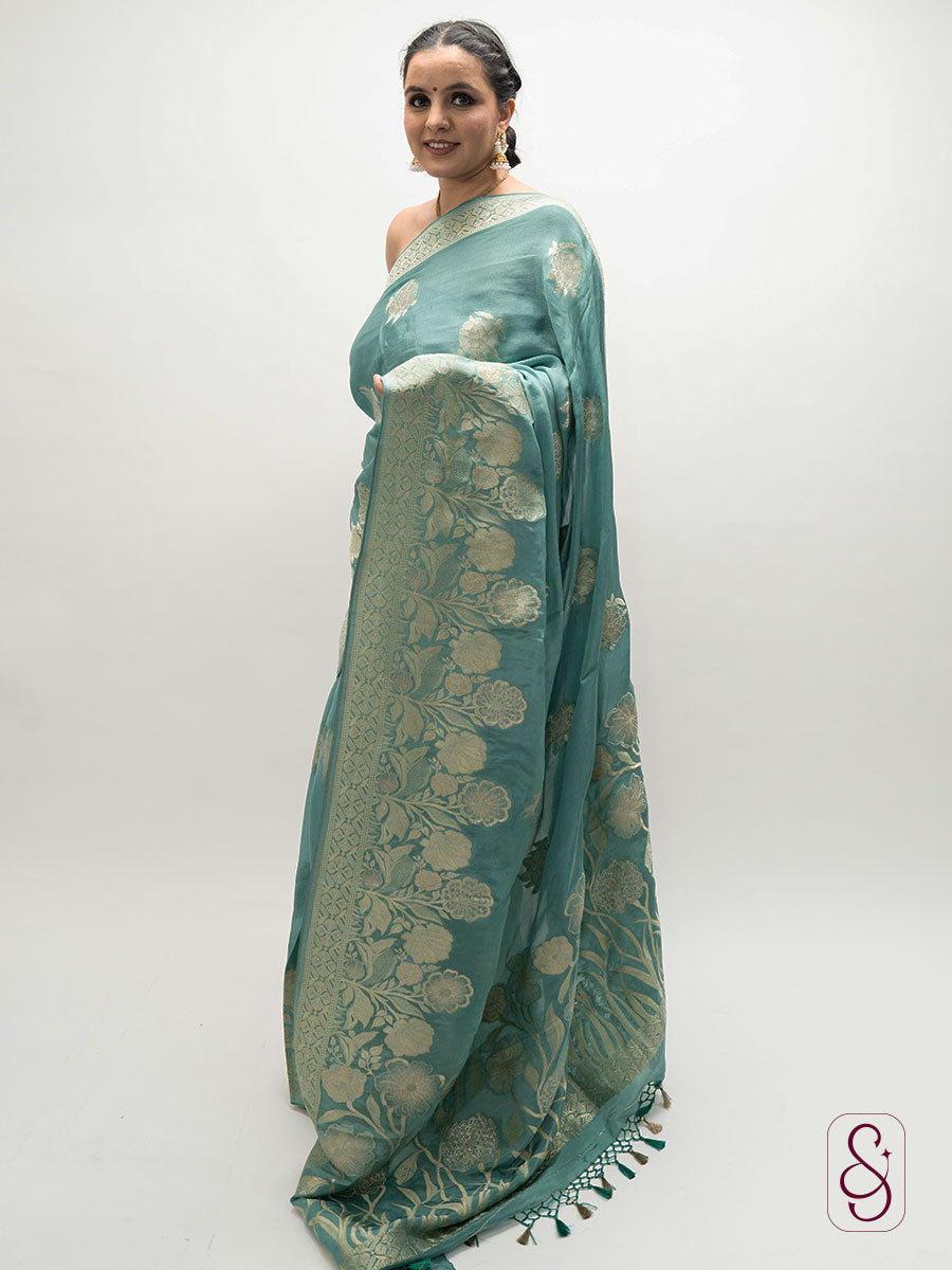 Green Banarasi Chinon saree