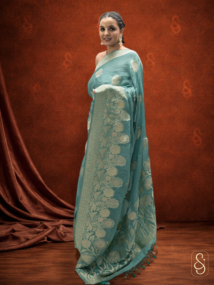 Green Banarasi Chinon saree