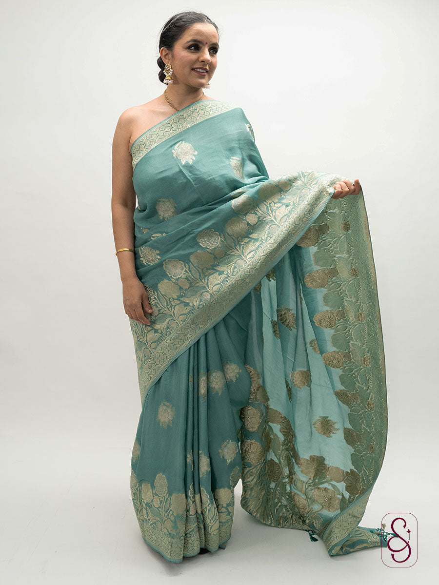 Green Banarasi Chinon saree