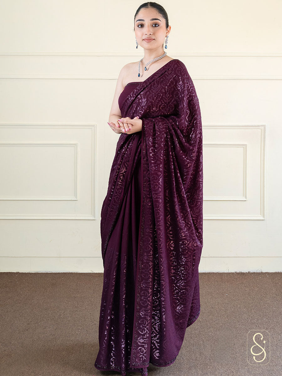 Deep Purple Sequin Embroidered Saree