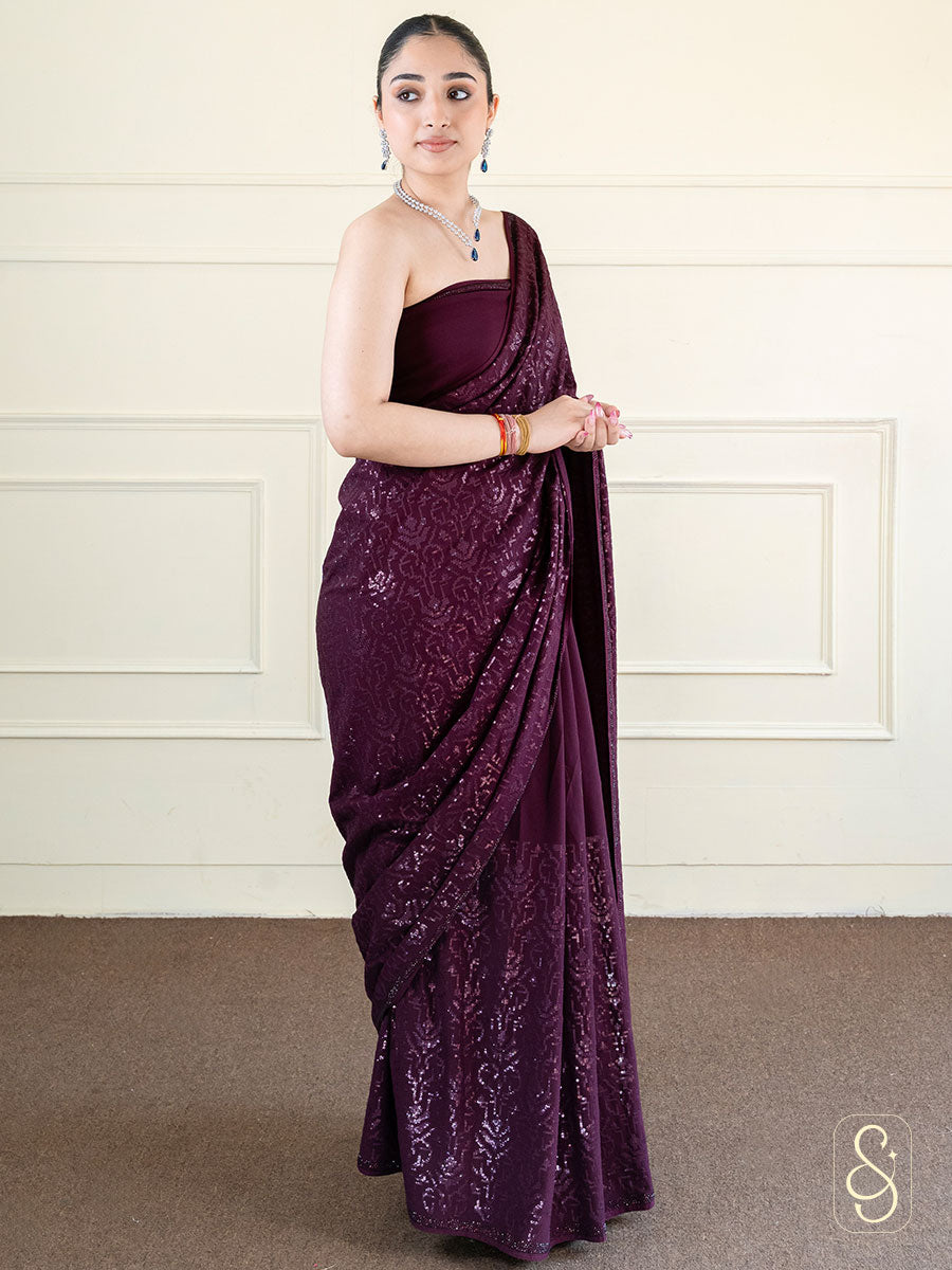 Deep Purple Sequin Embroidered Saree