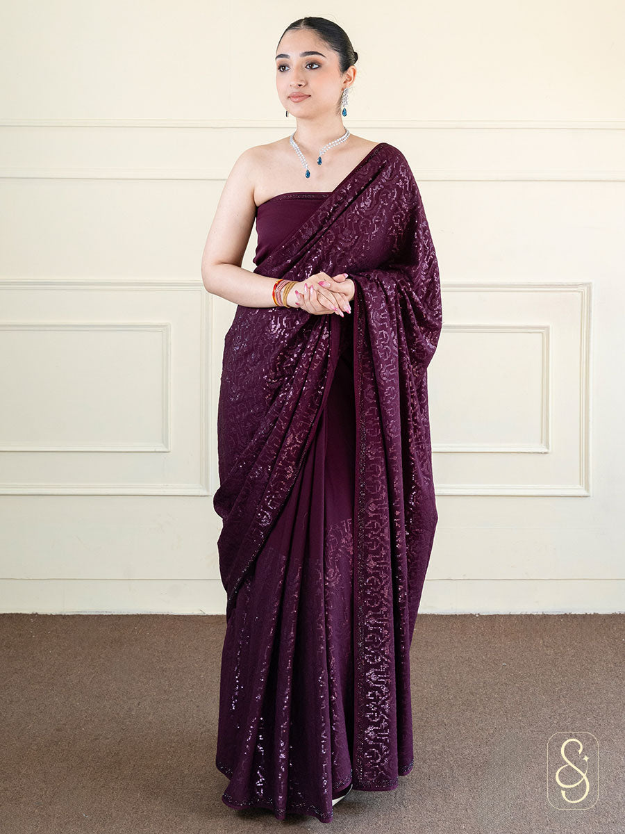 Deep Purple Sequin Embroidered Saree