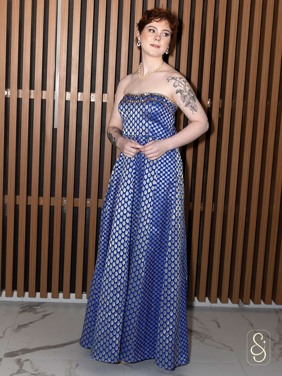 Royal Blue Mirror Work Off-Shoulder Dress