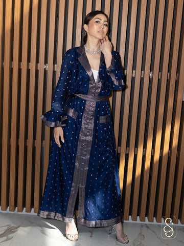 Blue Cotton Banarasi Silk Dress