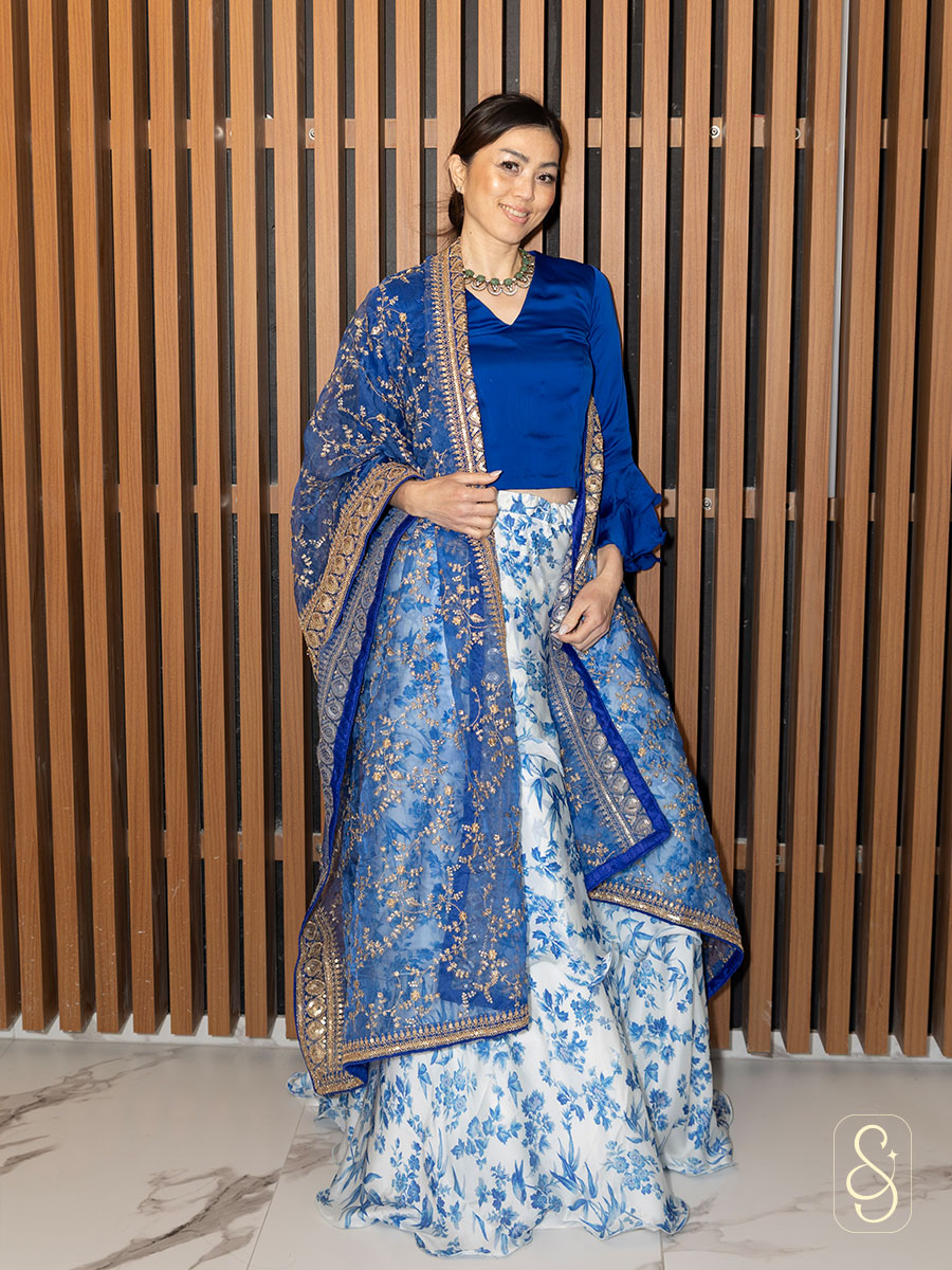 Light Blue Printed Frilled Satin Silk Lehenga
