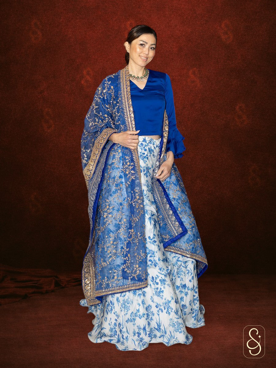 Light Blue Printed Frilled Satin Silk Lehenga