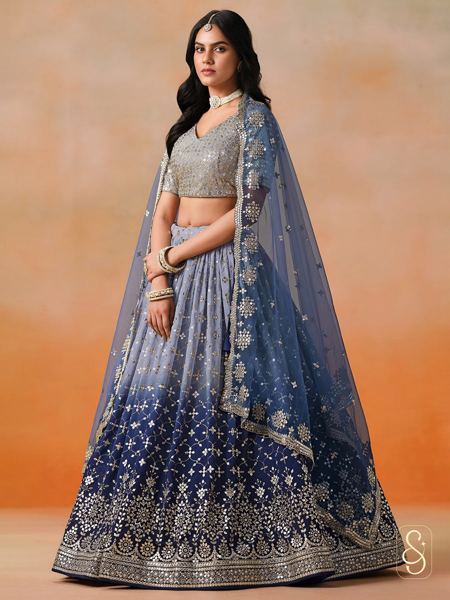 Ombre Blue Grey Embroidered Lehenga