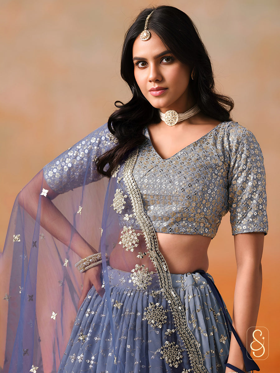 Ombre Blue Grey Embroidered Lehenga