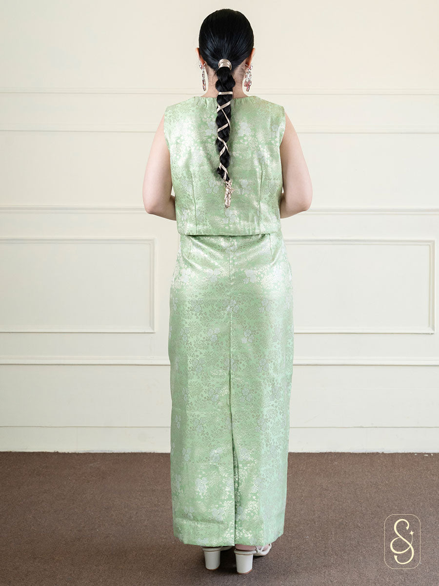 Green Straight Brocade Skirt and Top