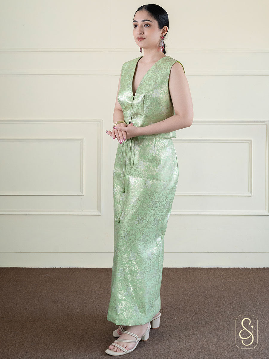 Green Straight Brocade Skirt and Top