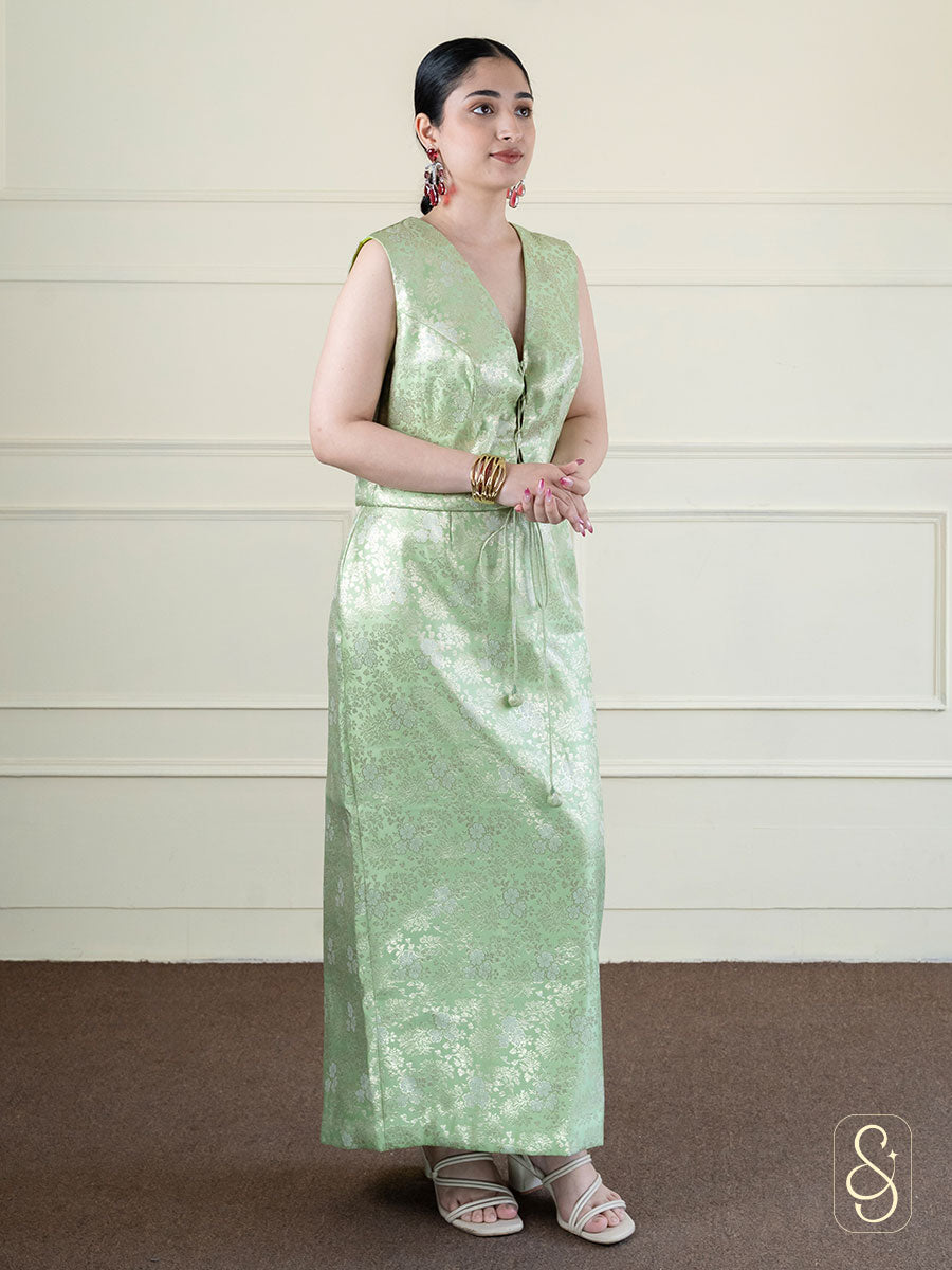 Green Straight Brocade Skirt and Top