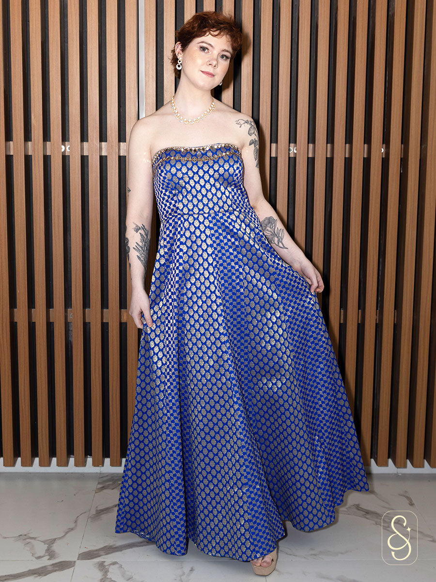 Royal Blue Mirror Work Off-Shoulder Dress