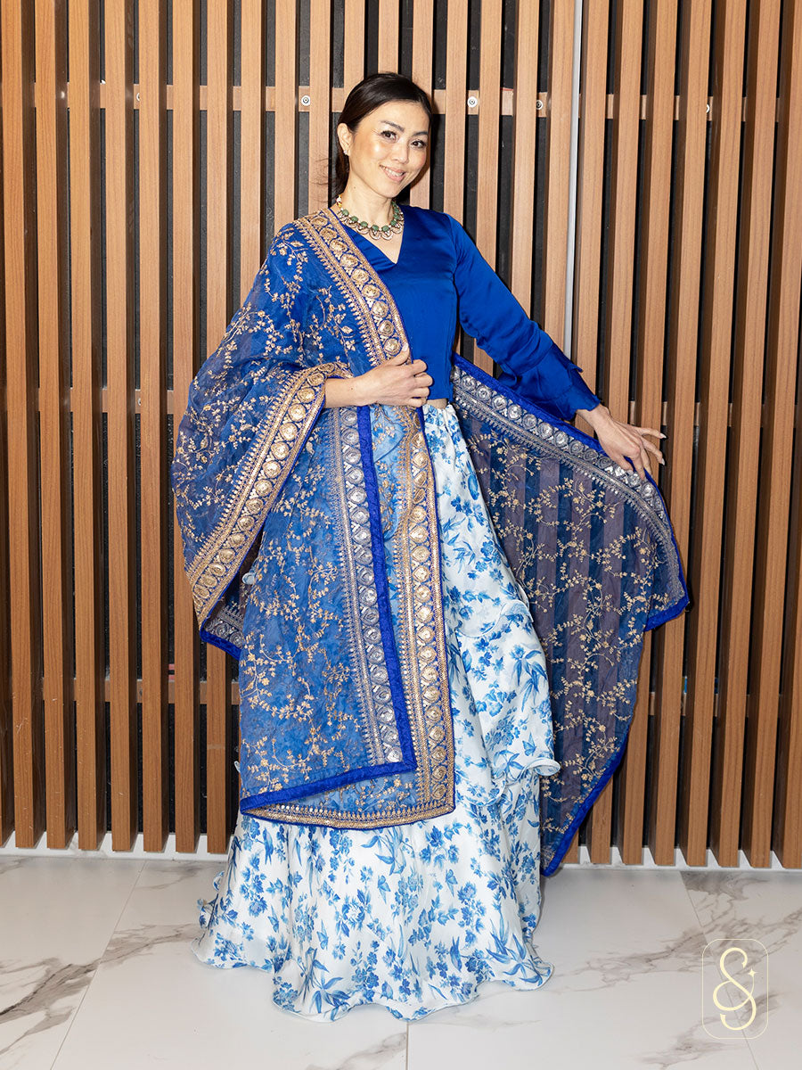 Light Blue Printed Frilled Satin Silk Lehenga