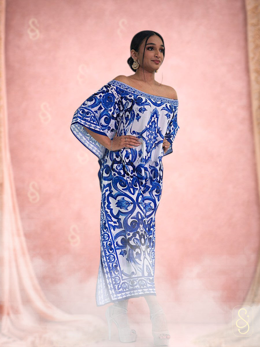 Elegant Blue and White Printed Off-Shoulder Kaftan Dress