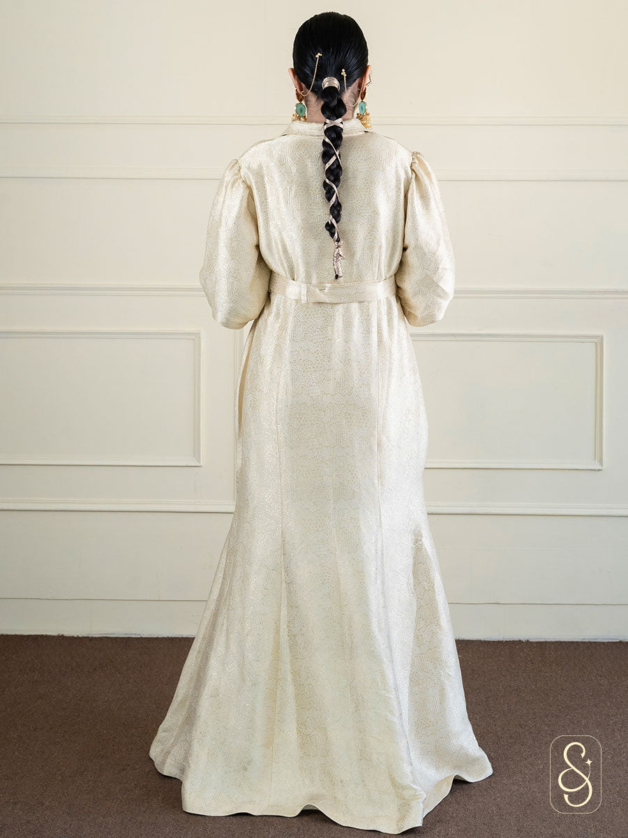 Golden Fish-Cut Brocade Dress