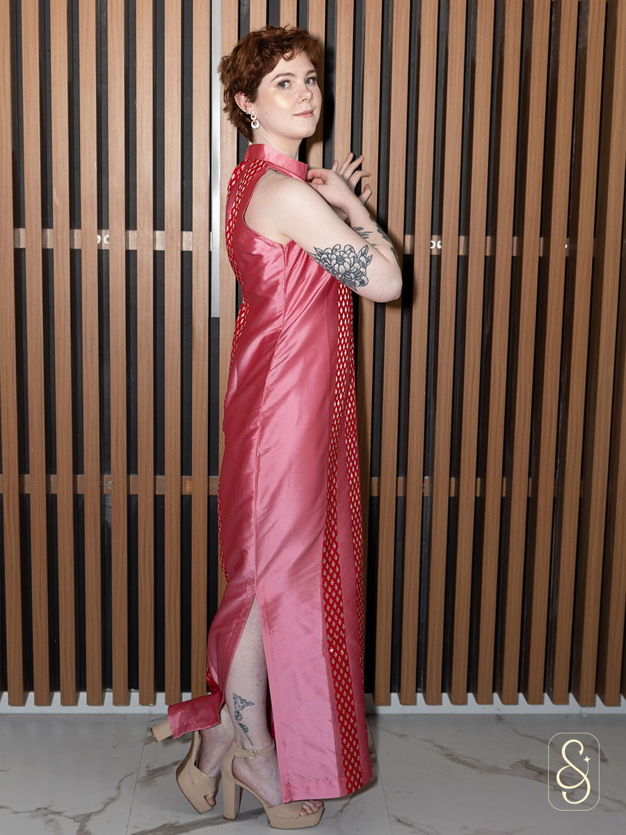 Straight Tomato Pink Dress with Brocade Lines