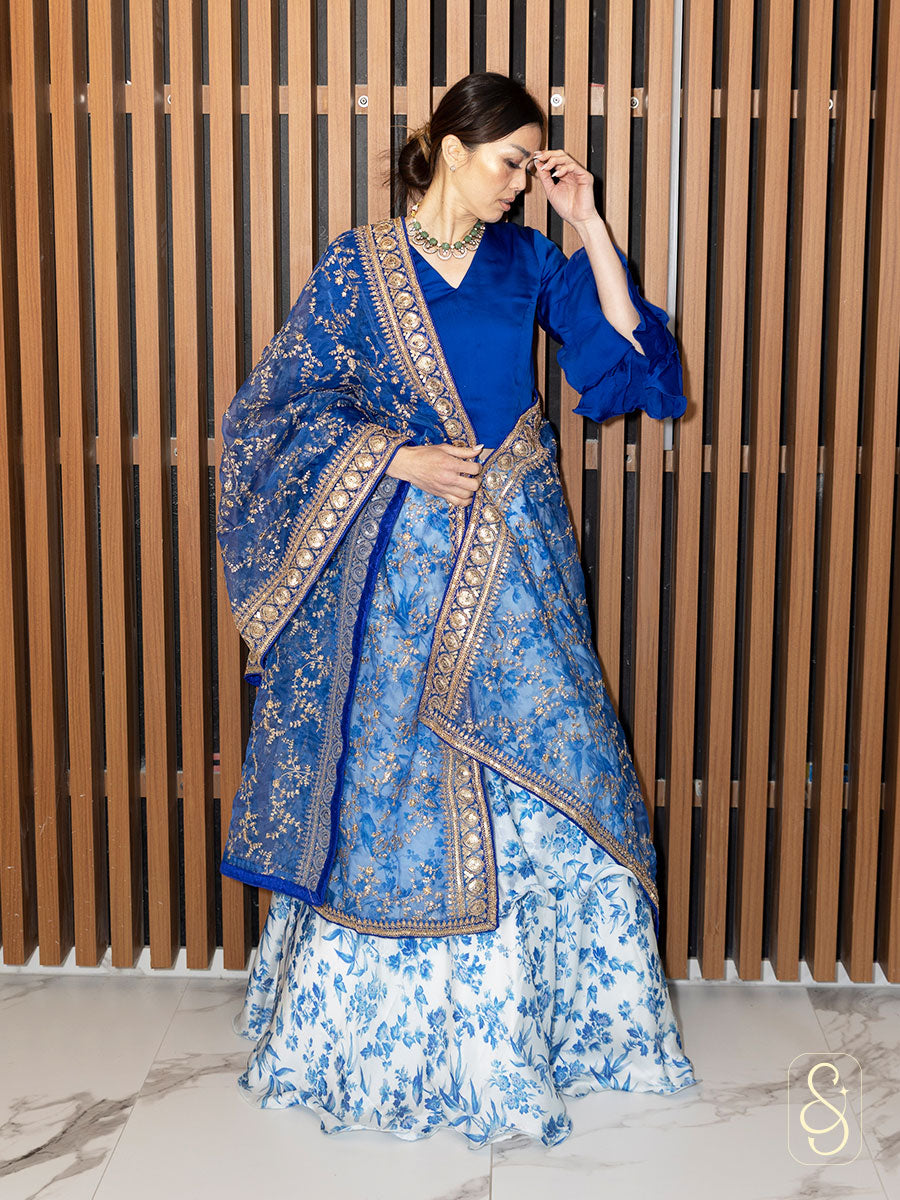 Light Blue Printed Frilled Satin Silk Lehenga
