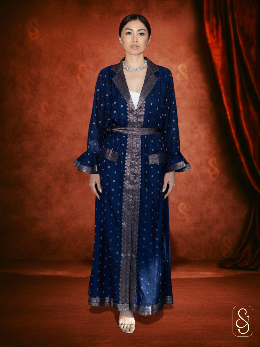 Blue Cotton Banarasi Silk Dress