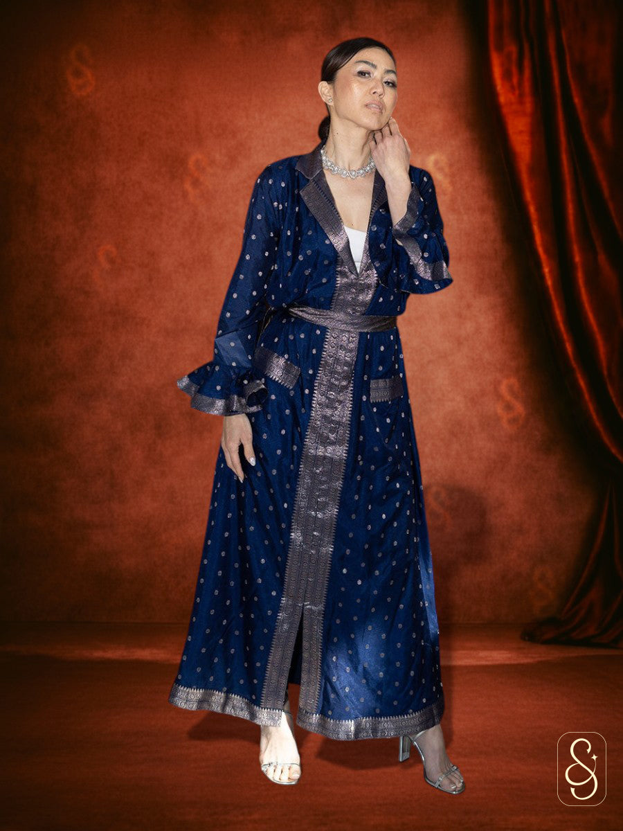 Blue Cotton Banarasi Silk Dress