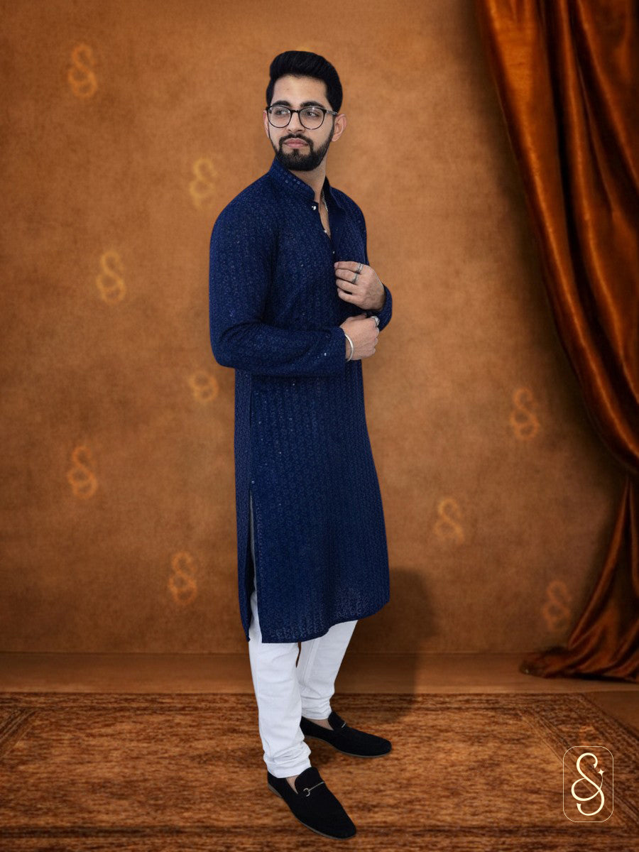 Blue Cotton Mirror Work Kurta with White Pajama