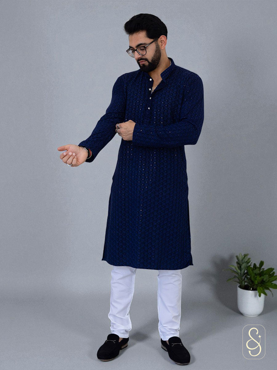 Blue Cotton Mirror Work Kurta with White Pajama