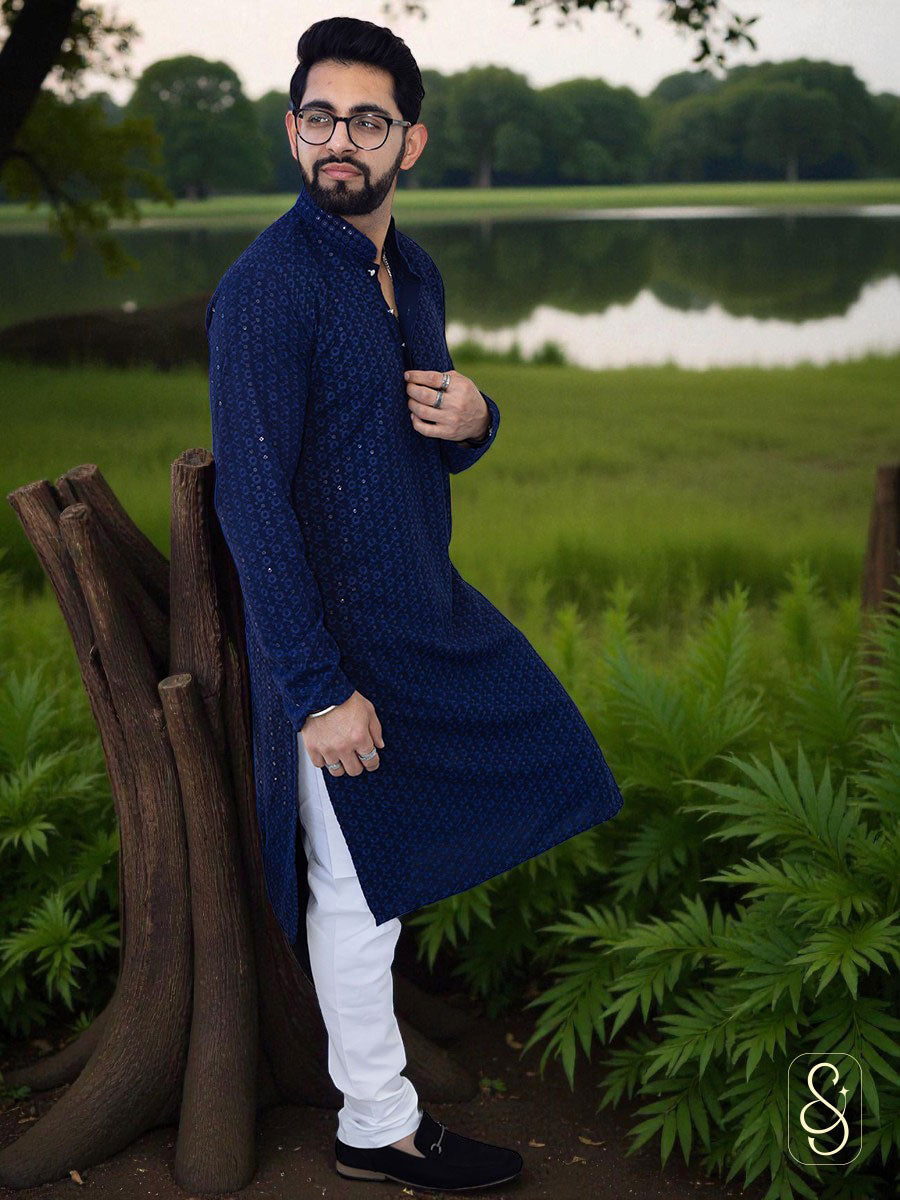 Blue Cotton Mirror Work Kurta with White Pajama