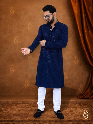 Blue Cotton Mirror Work Kurta with White Pajama