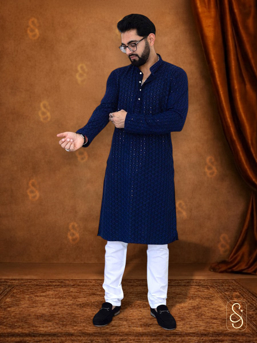 Blue Cotton Mirror Work Kurta with White Pajama
