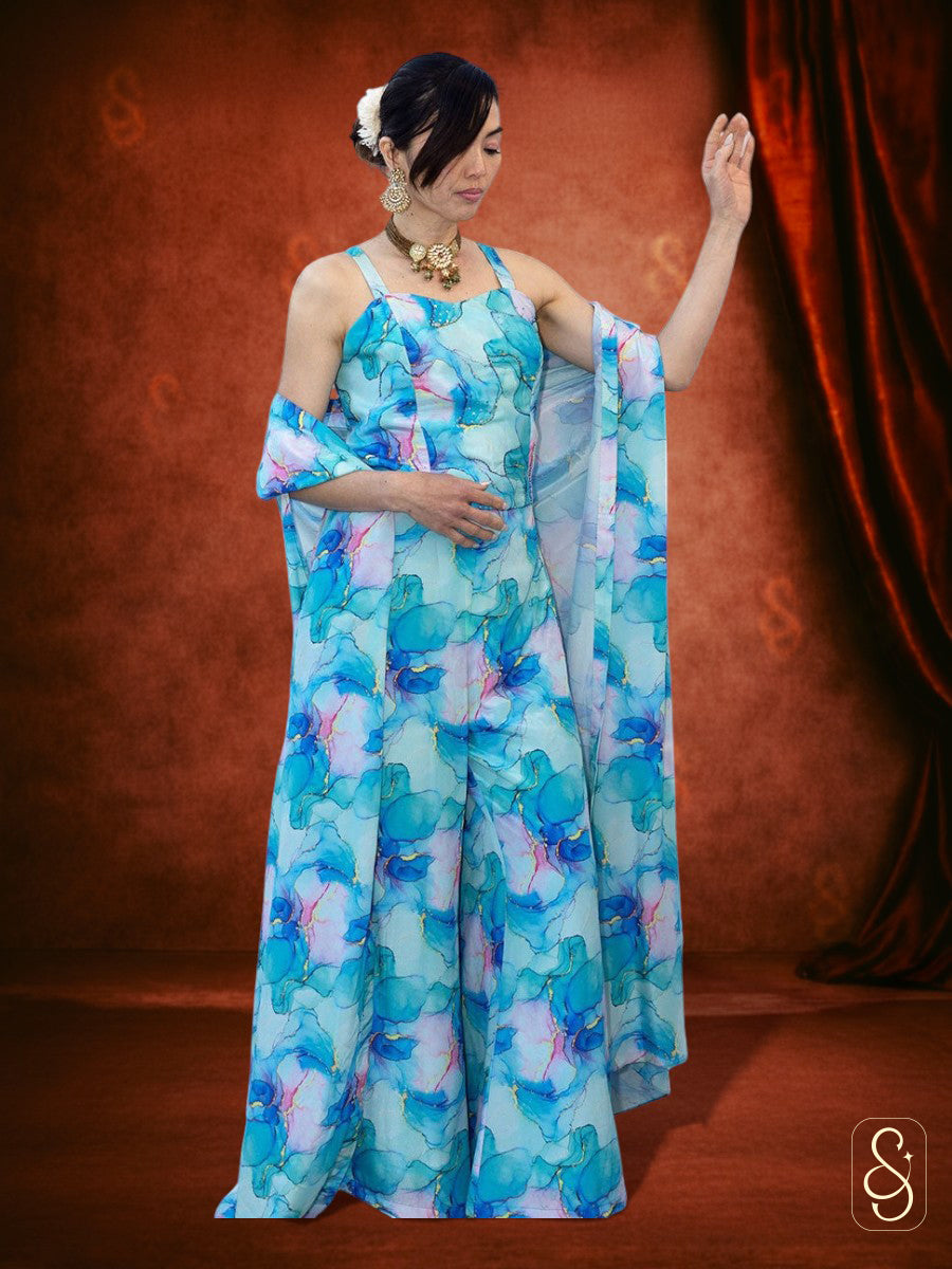 Blue Crepe Three-Piece Set