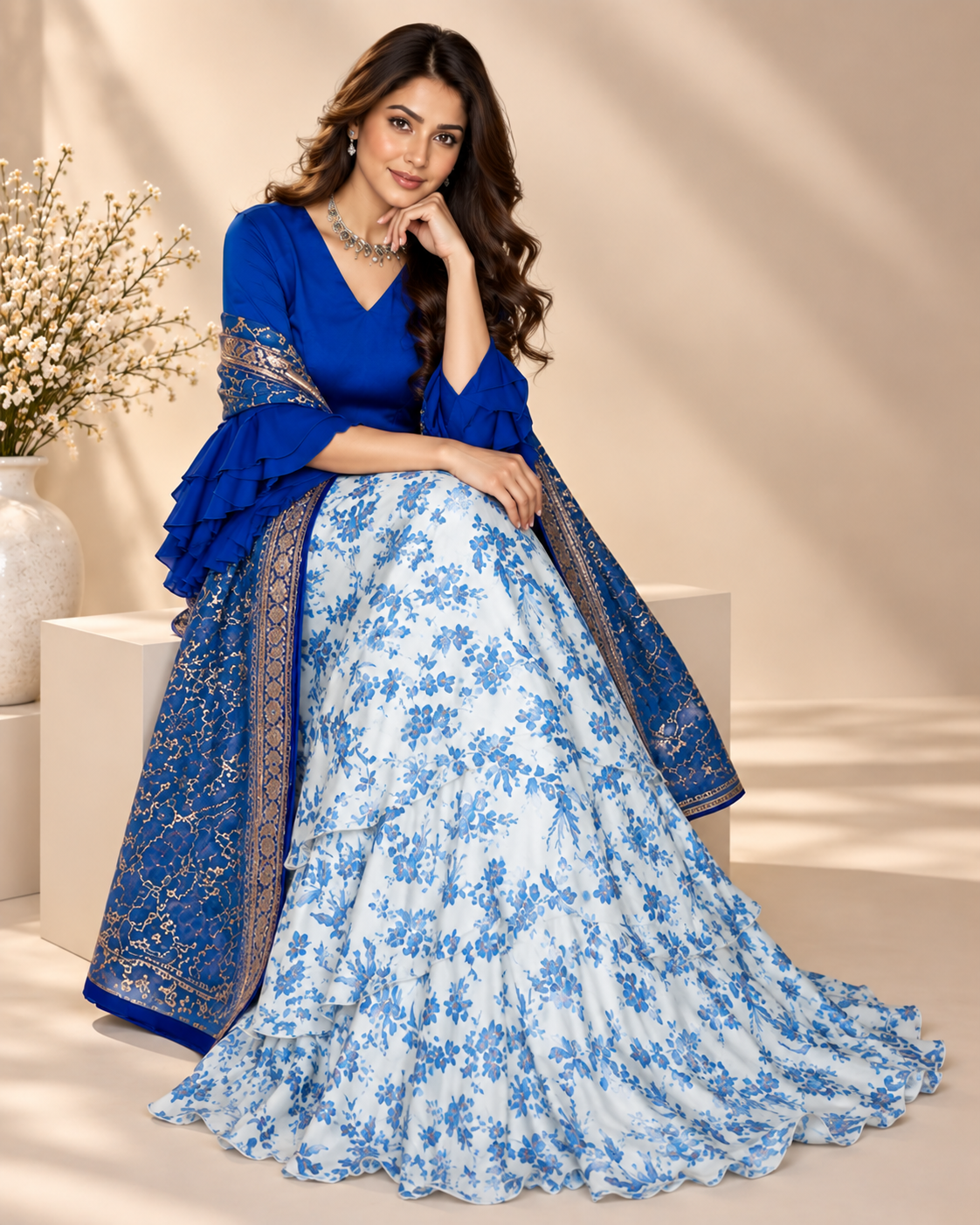 Light Blue Printed Frilled Satin Silk Lehenga