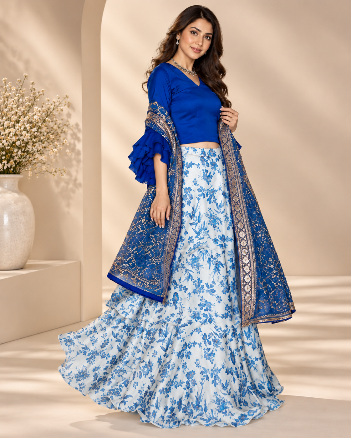 Light Blue Printed Frilled Satin Silk Lehenga