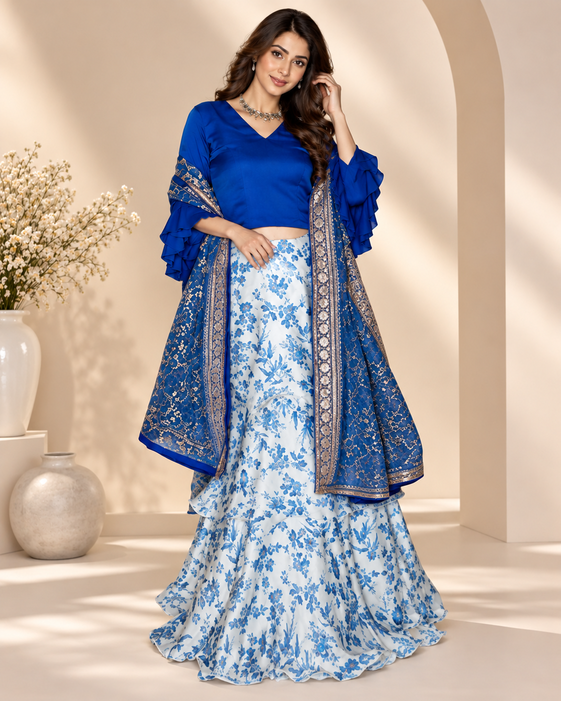 Light Blue Printed Frilled Satin Silk Lehenga