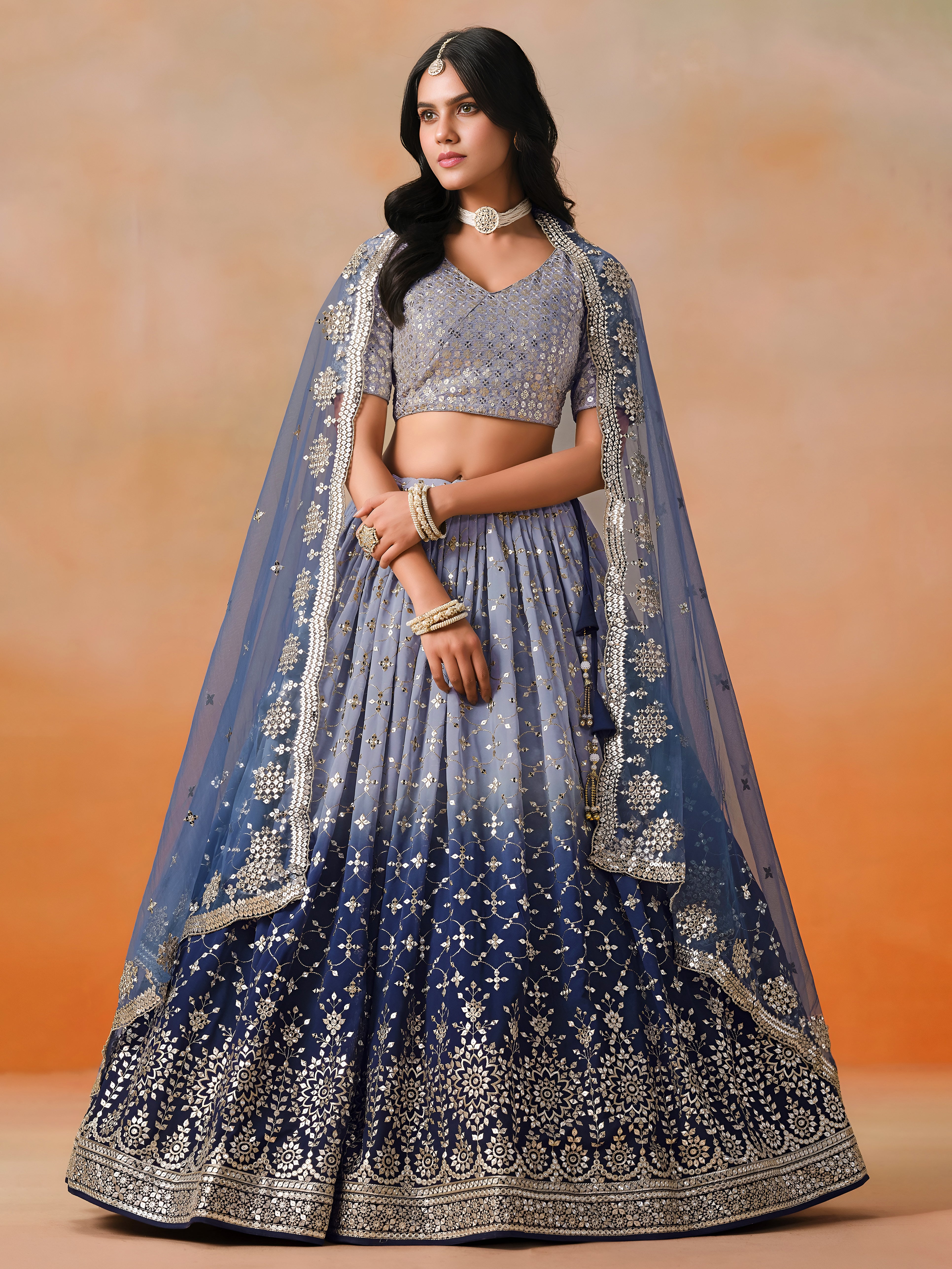 Ombre Blue Grey Embroidered Lehenga
