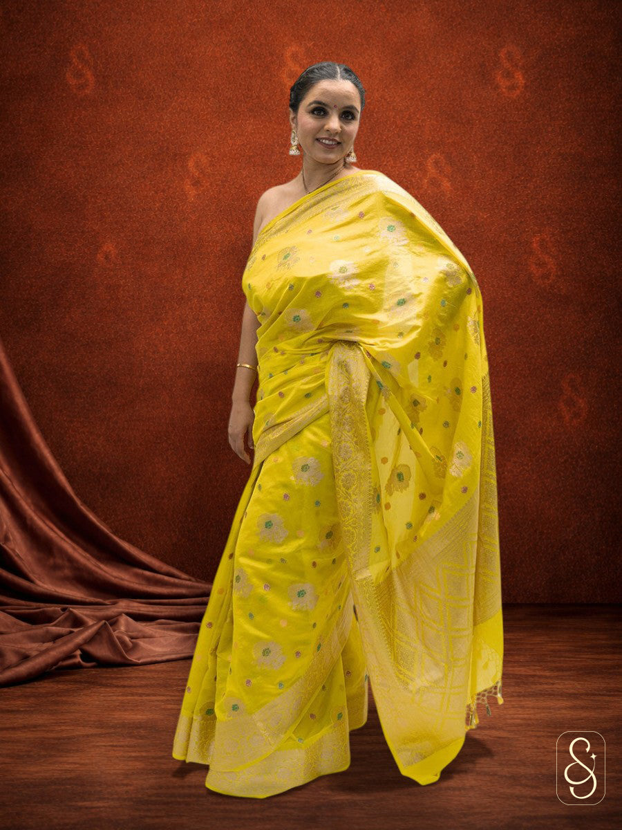 Bright Yellow Banarsi Georgette Saree