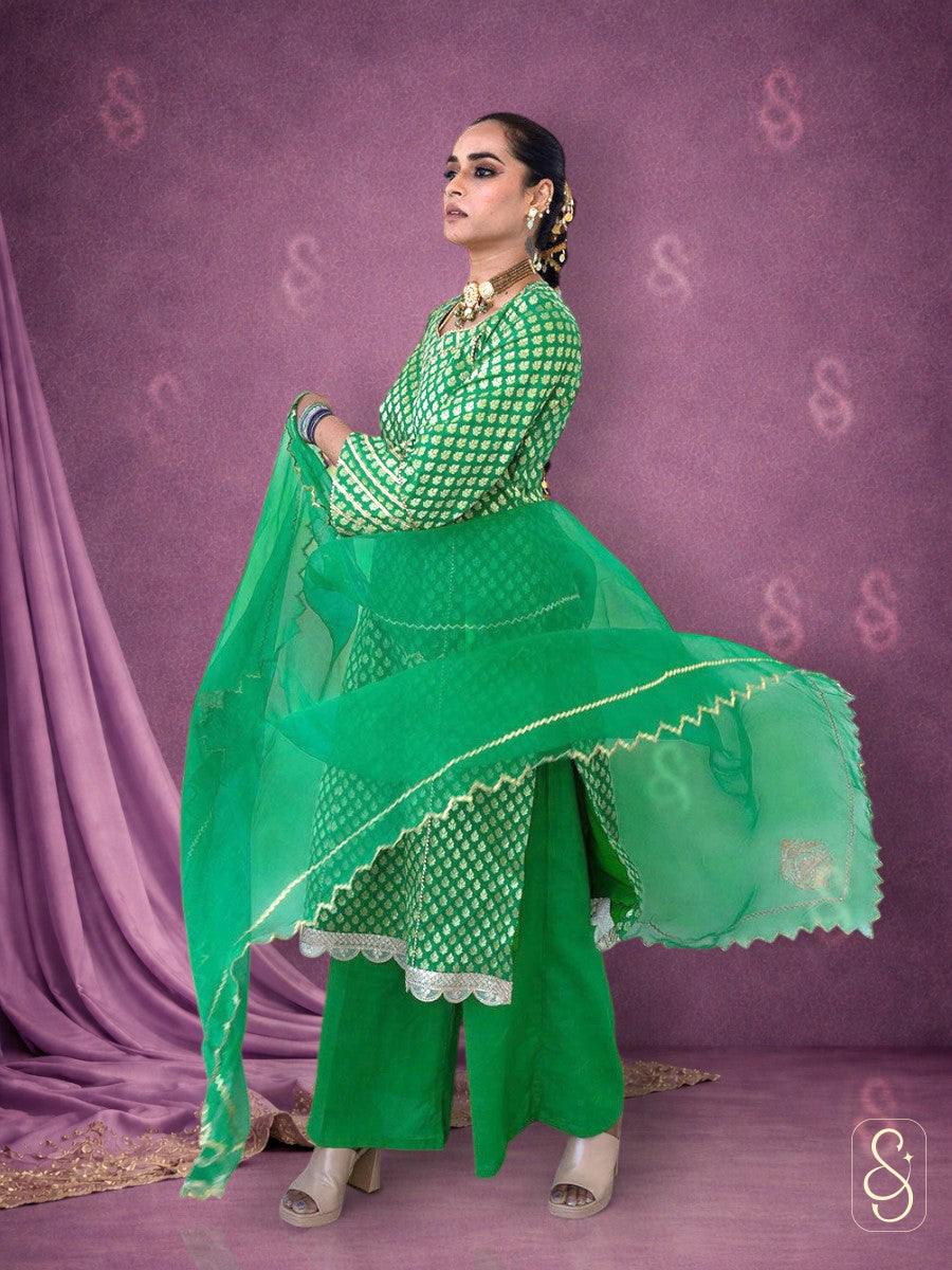 Brocade Shirt with Plain Pants and Organza Dupatta