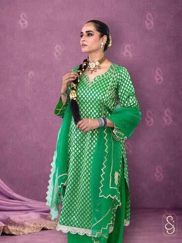 Brocade Shirt with Plain Pants and Organza Dupatta