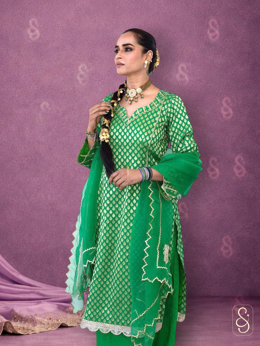 Brocade Shirt with Plain Pants and Organza Dupatta