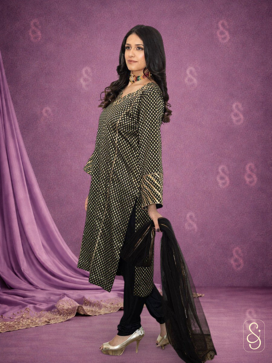 Brocade Shirt with Stretch Churidar and Net Dupatta